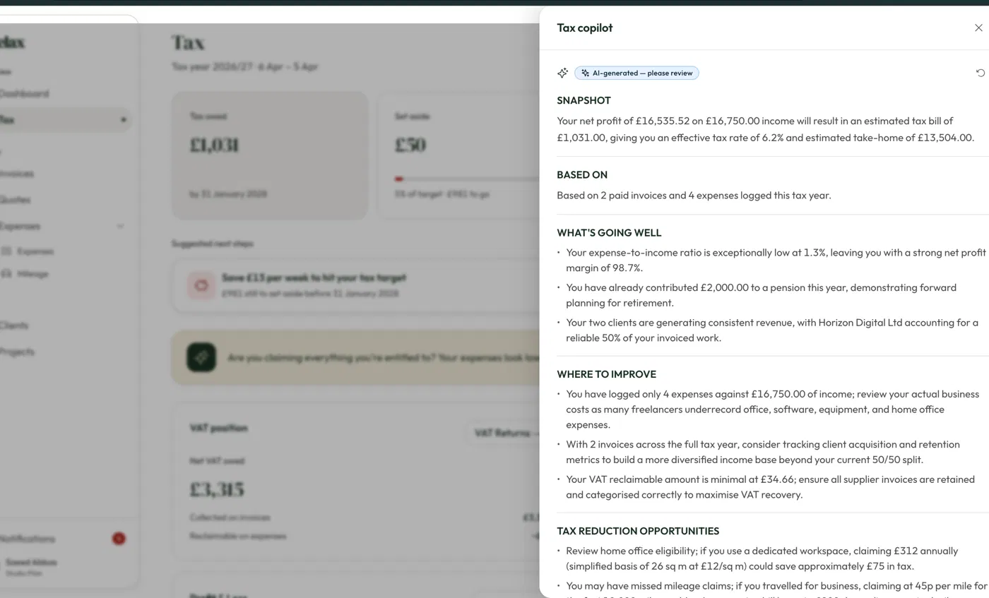 The tax copilot slide-over, headed by an AI-generated please review flag, structured into snapshot, based on, what's going well, where to improve, and tax reduction opportunities