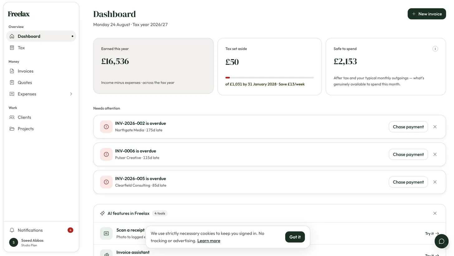 Freelax dashboard showing three figures — earned this year, tax set aside, safe to spend — above a list of overdue invoices needing attention