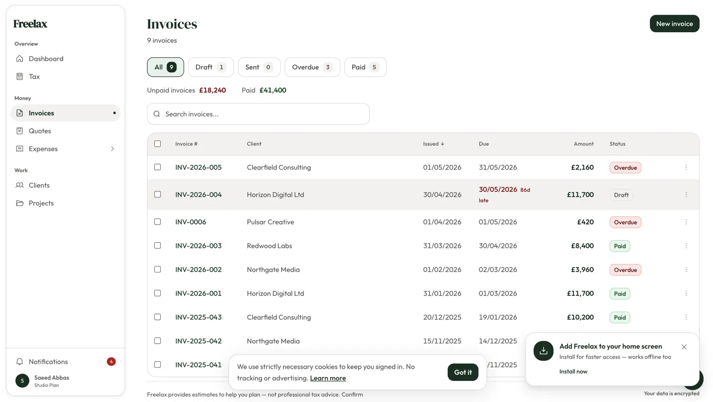 The invoices list: nine invoices with draft, overdue and paid status pills, filter tabs across the top, and unpaid and paid totals