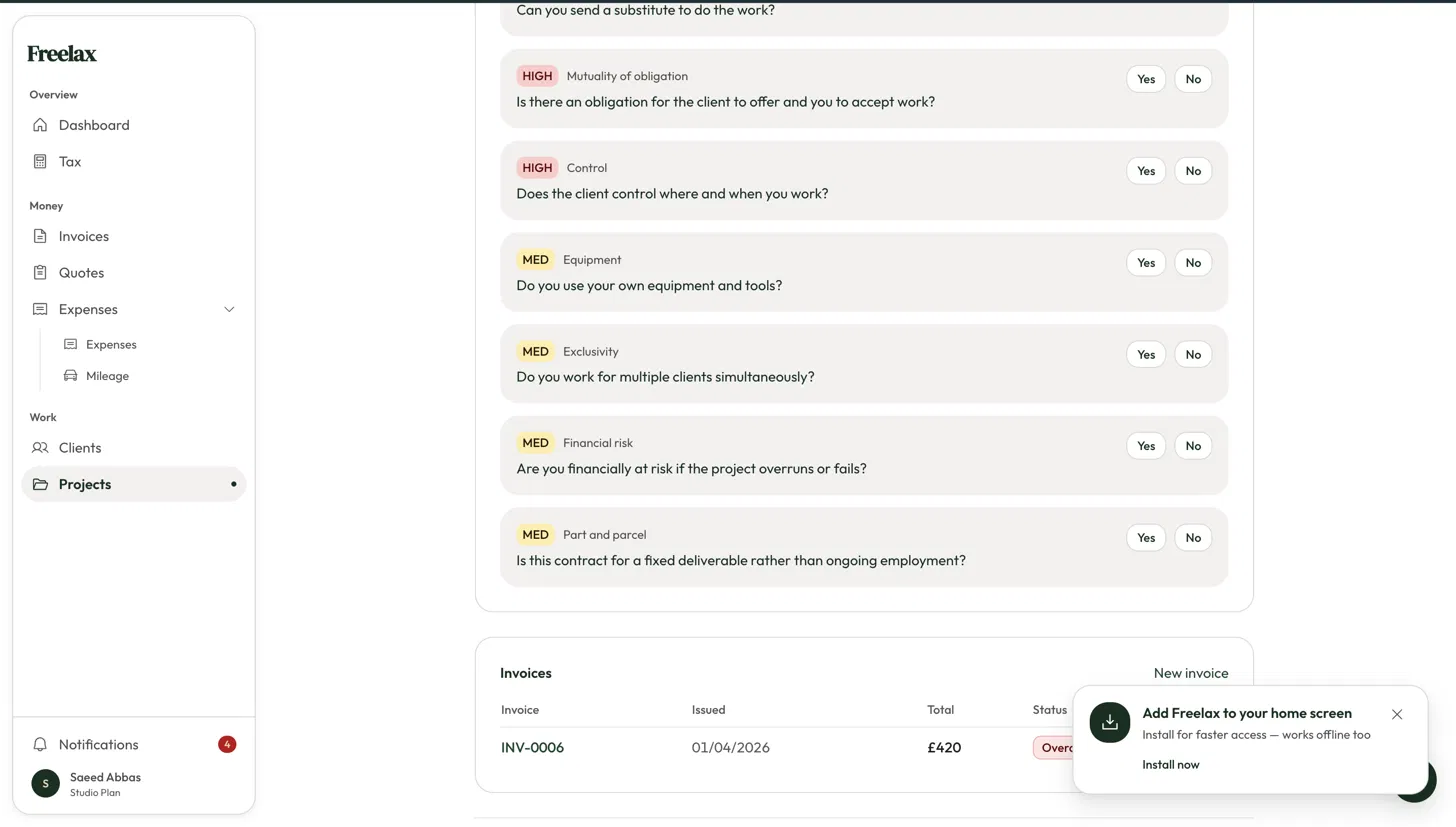IR35 assessment questions each tagged HIGH or MED — personal service, substitution, mutuality and control weighted HIGH, equipment, exclusivity, financial risk and part-and-parcel weighted MED — sitting on a project page above that project's invoices