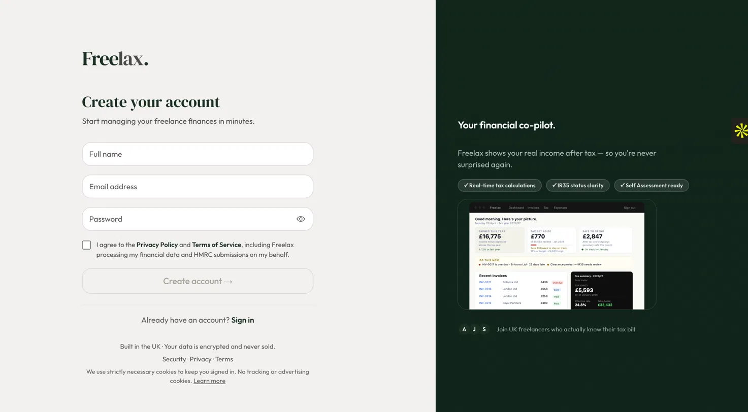 Freelax sign-up: a cream form panel beside a dark green product panel showing a dashboard preview and three feature chips