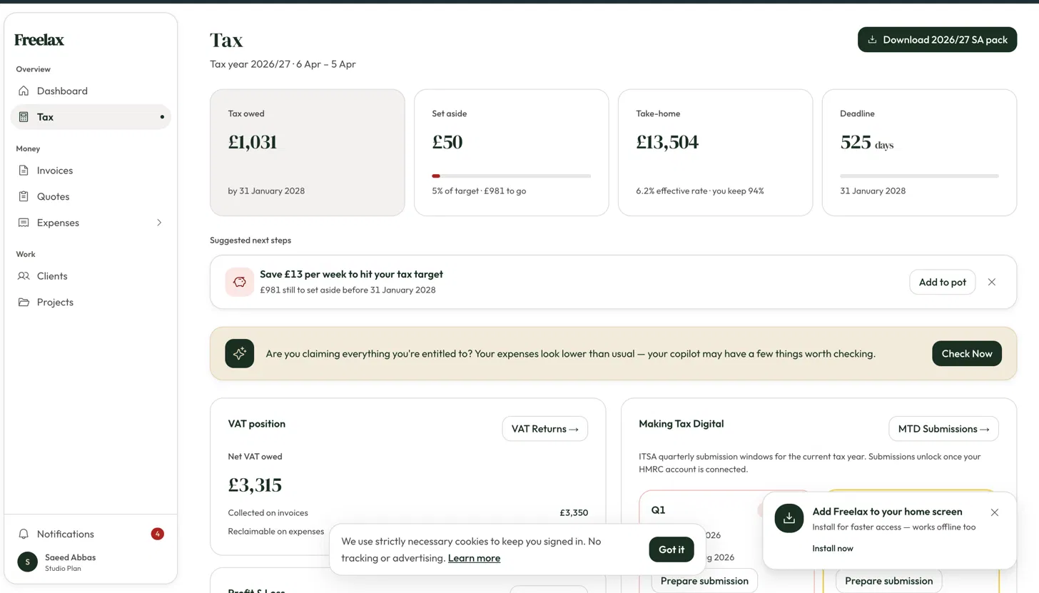 The tax page after the split: four headline figures — tax owed, set aside, take-home, deadline — one suggested next step, and MTD quarters and VAT returns as their own destinations