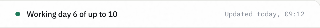 Concept UI, not any real bank's interface: a persistent strip showing elapsed working days against the stated maximum