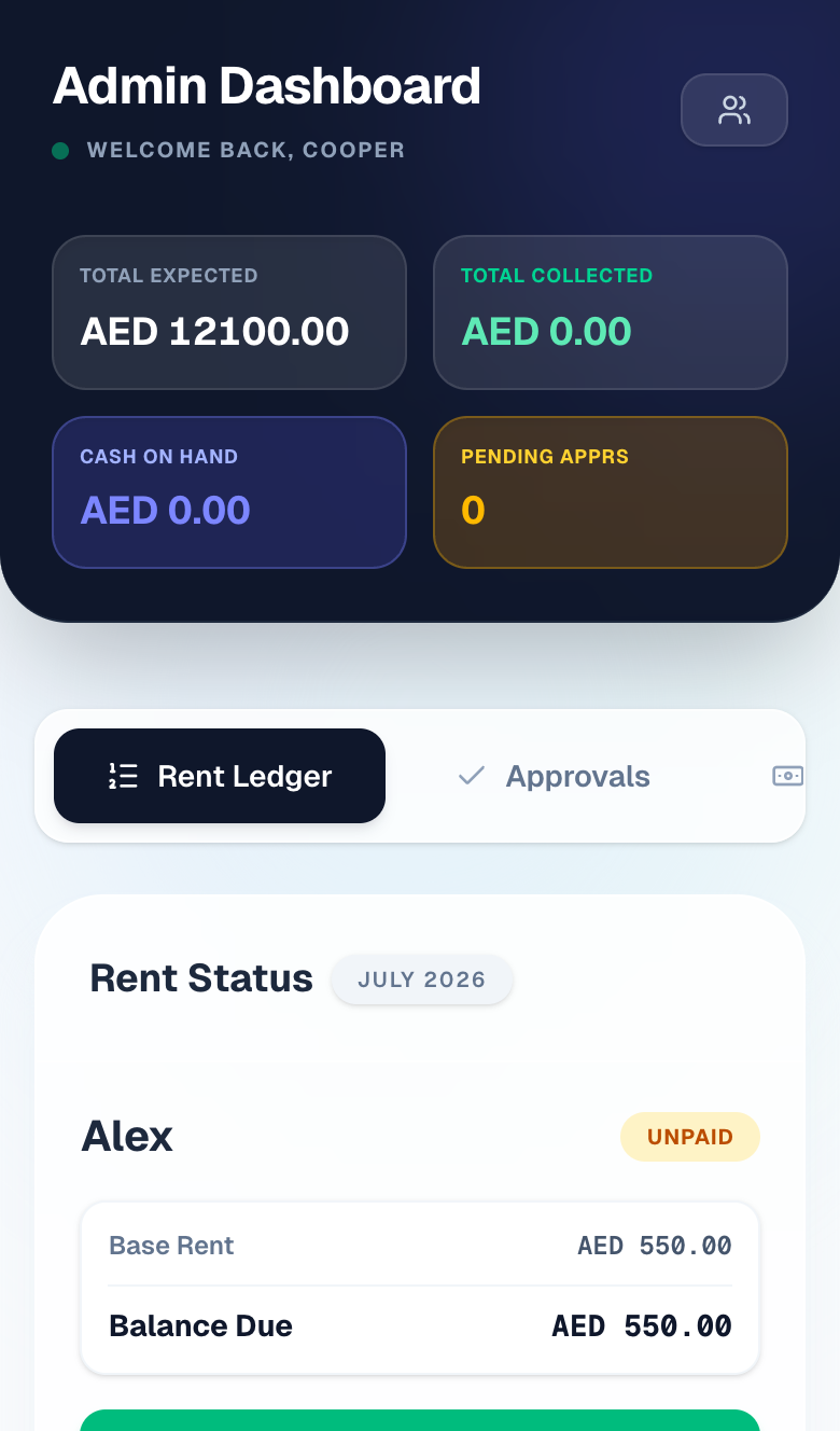 Roomy admin dashboard: rent ledger with per-tenant payment status