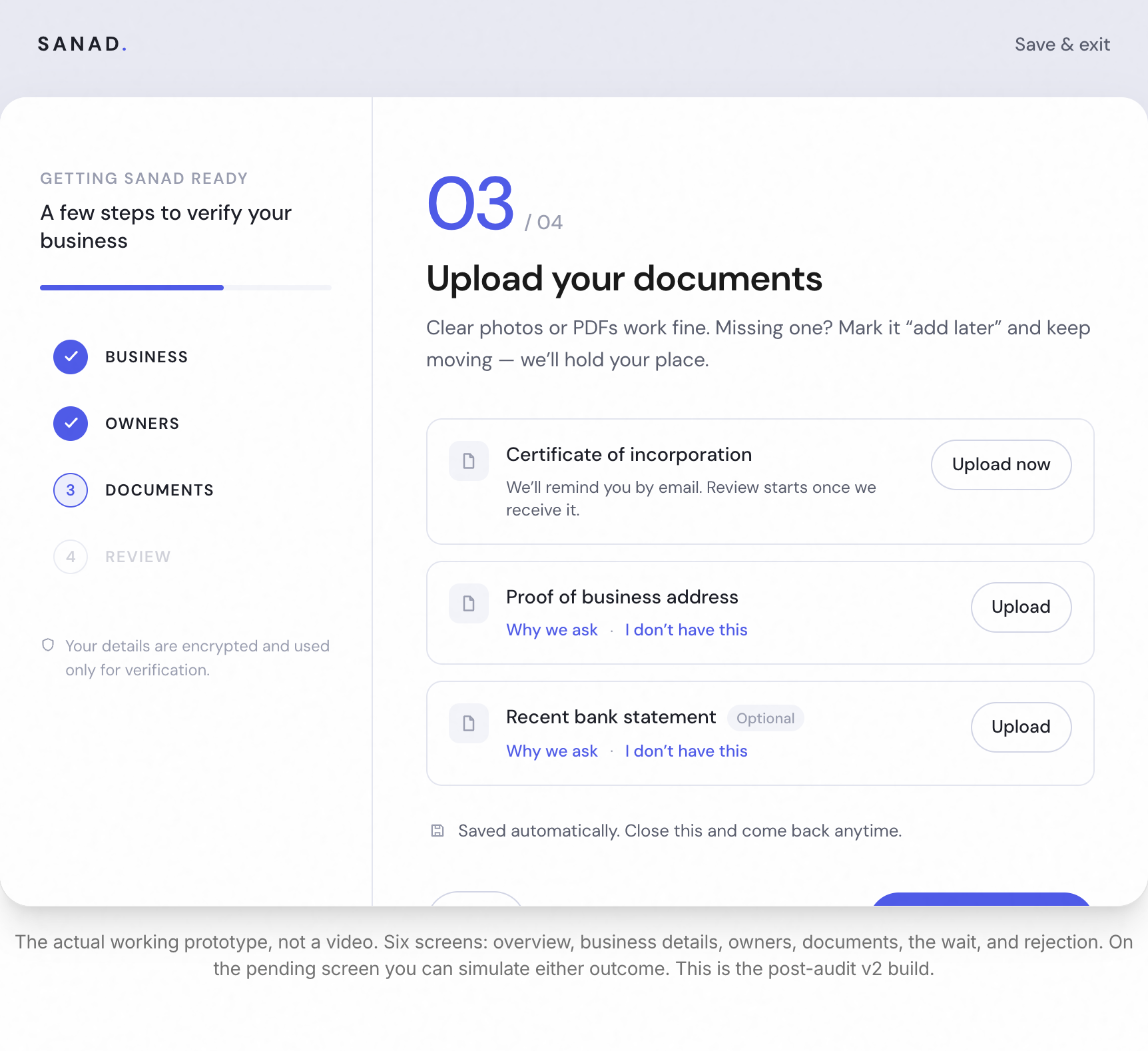 Documents screen with a required document marked 'add later'