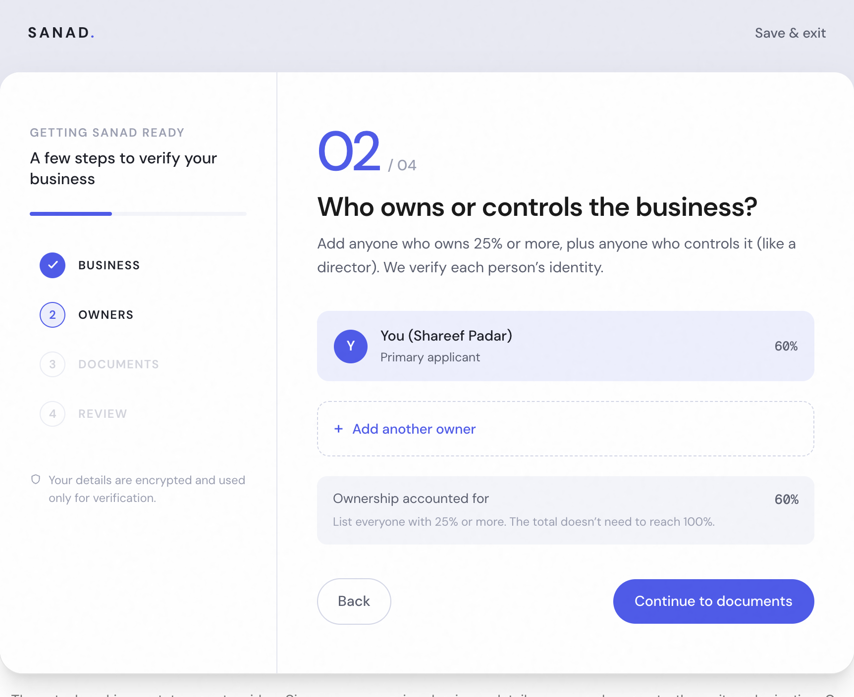 Owners screen with the applicant pre-added as primary owner