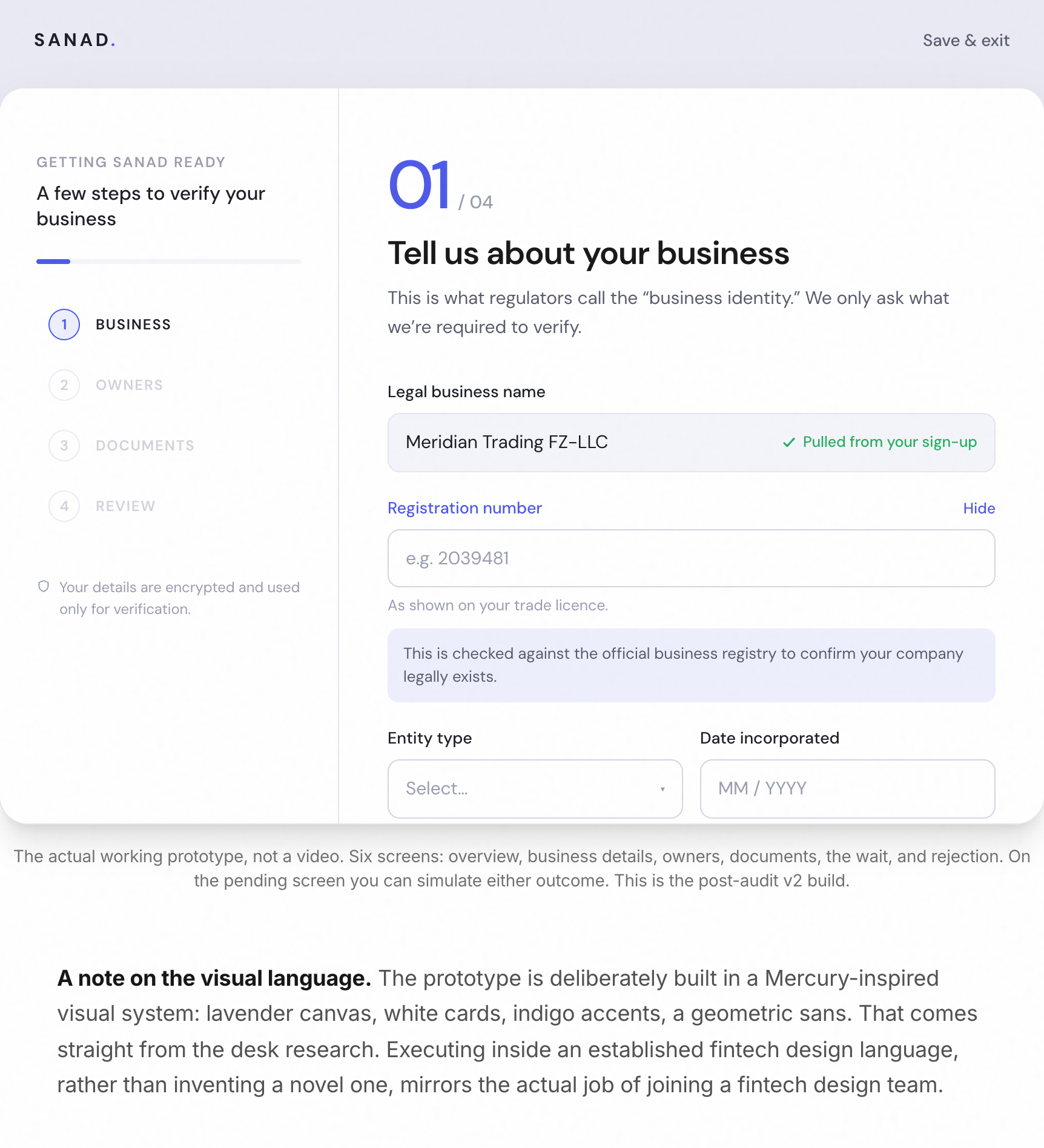 Business details screen with the 'why we ask' reason shown beneath the registration number field